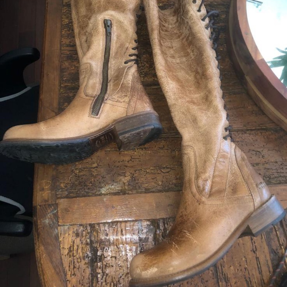Camel tan knee-high lace up bed stu boots